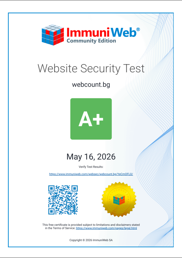 ImmuniWeb Website Security Test certificate for WebCount.bg – A+
